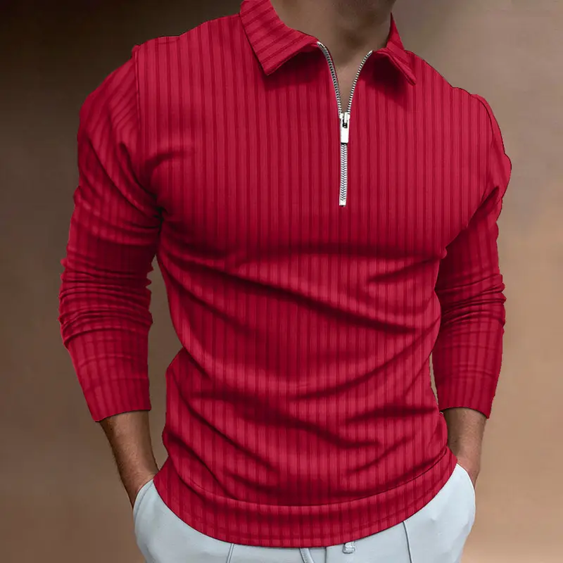 Men's Red Zipper Polo Shirt Long Sleeve Digital Print