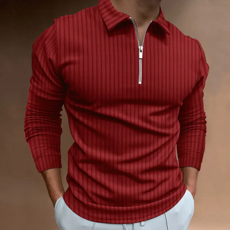 Men's Red Zipper Polo Shirt Long Sleeve Digital Print