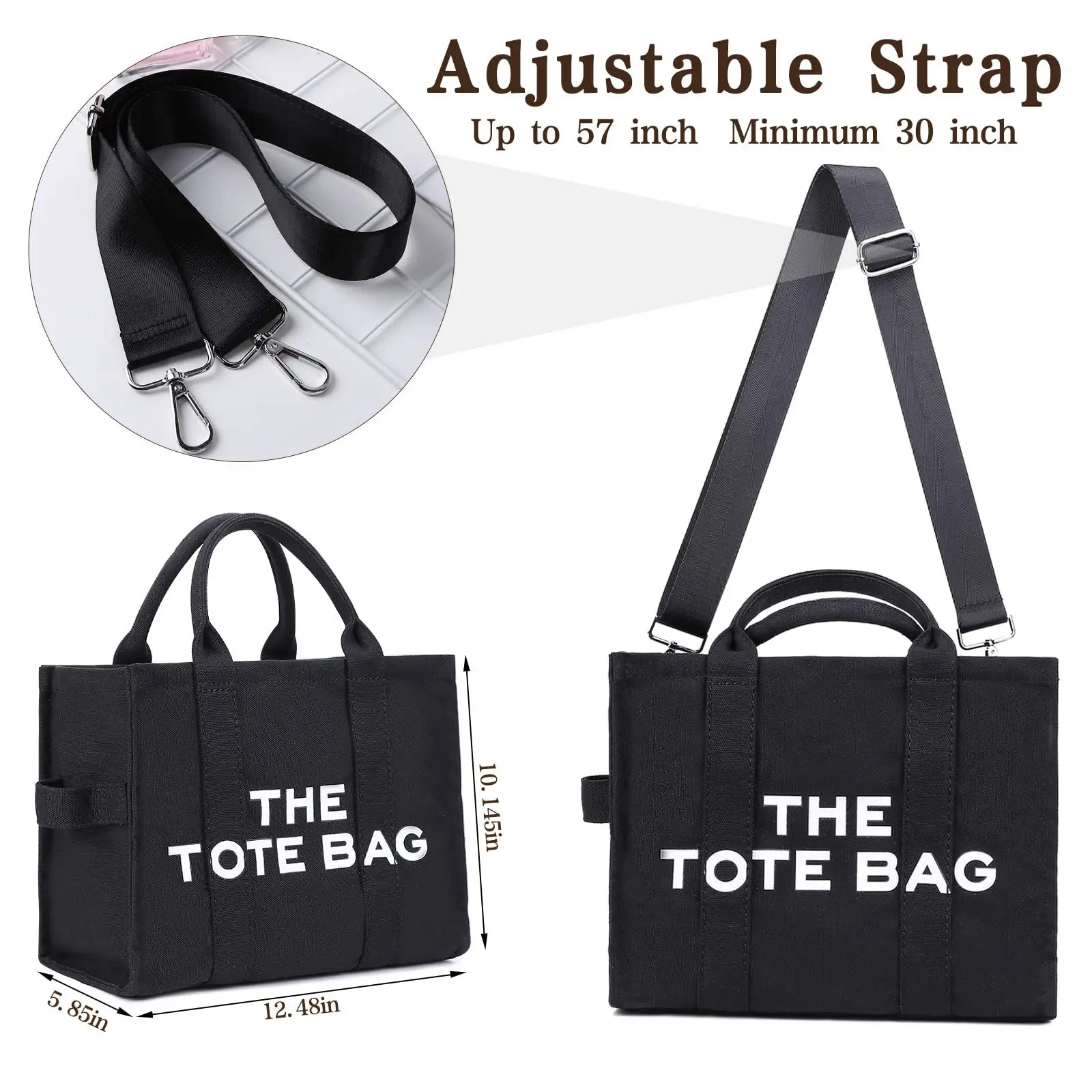 Women's Canvas Letter Tote Bag Black Large Capacity