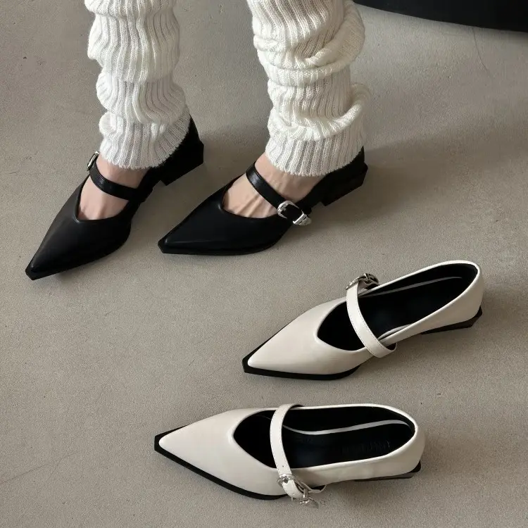 Pointed Toe French Style Mary Jane Shoes Women's Black White
