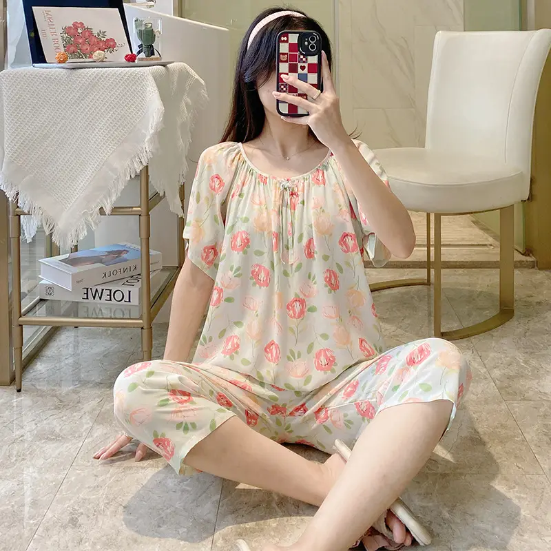 2026 Summer Rayon Women's Pajamas Short-Sleeve Three-Quarter Pants Set Fresh Pastoral Style Quality Loungewear Best-Selling Model