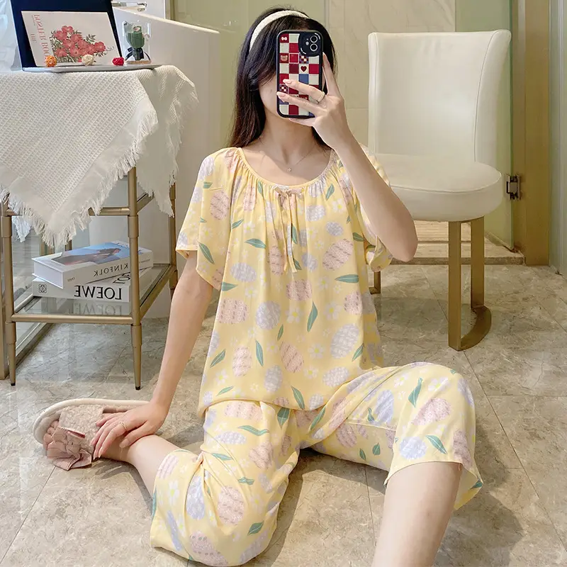 2026 Summer Rayon Women's Pajamas Short-Sleeve Three-Quarter Pants Set Fresh Pastoral Style Quality Loungewear Best-Selling Model