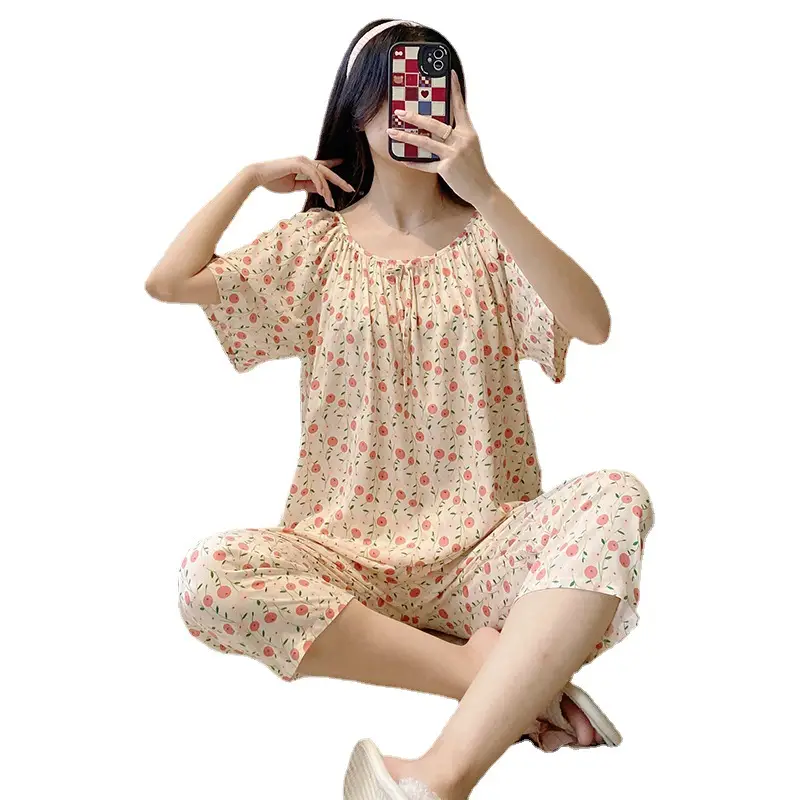 2026 Summer Rayon Women's Pajamas Short-Sleeve Three-Quarter Pants Set Fresh Pastoral Style Quality Loungewear Best-Selling Model