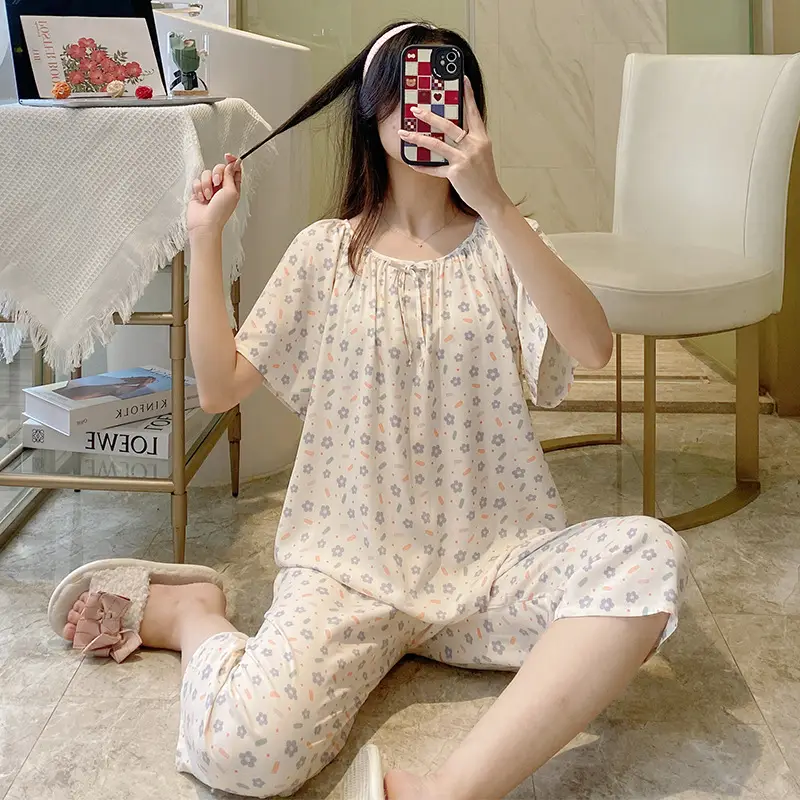 2026 Summer Rayon Women's Pajamas Short-Sleeve Three-Quarter Pants Set Fresh Pastoral Style Quality Loungewear Best-Selling Model