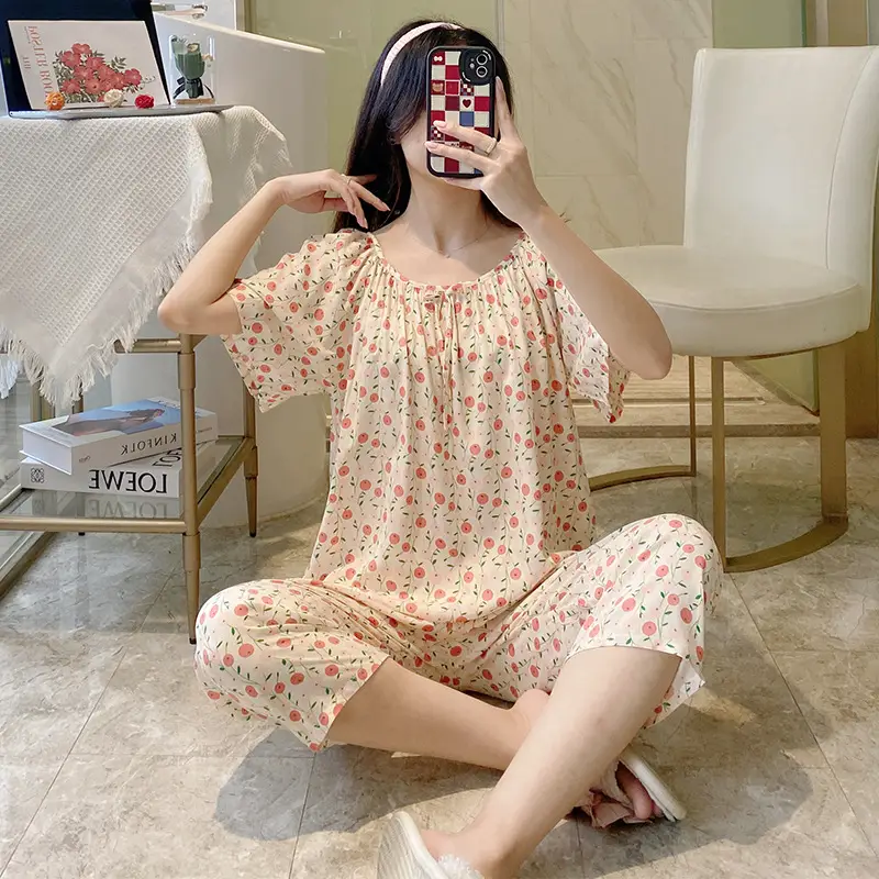 2026 Summer Rayon Women's Pajamas Short-Sleeve Three-Quarter Pants Set Fresh Pastoral Style Quality Loungewear Best-Selling Model