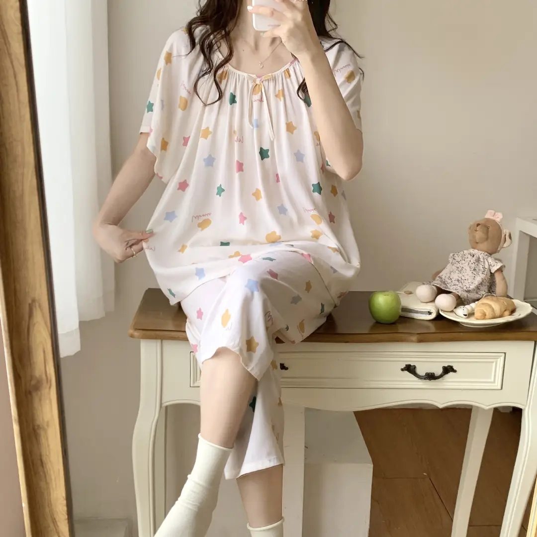 2026 Summer Rayon Women's Pajamas Short-Sleeve Three-Quarter Pants Set Fresh Pastoral Style Quality Loungewear Best-Selling Model