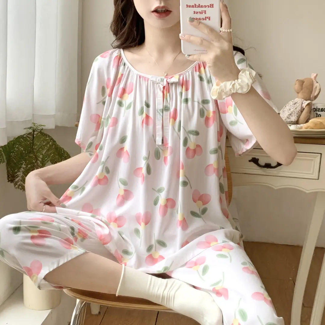 2026 Summer Rayon Women's Pajamas Short-Sleeve Three-Quarter Pants Set Fresh Pastoral Style Quality Loungewear Best-Selling Model
