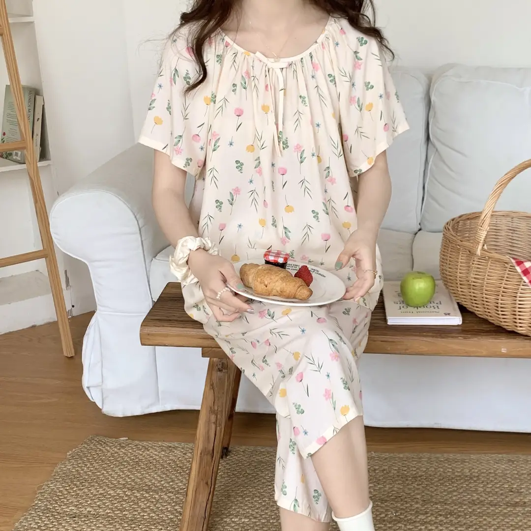 2026 Summer Rayon Women's Pajamas Short-Sleeve Three-Quarter Pants Set Fresh Pastoral Style Quality Loungewear Best-Selling Model