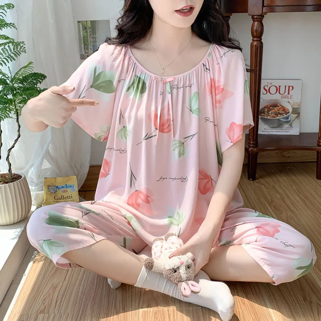 2026 Summer Rayon Women's Pajamas Short-Sleeve Three-Quarter Pants Set Fresh Pastoral Style Quality Loungewear Best-Selling Model