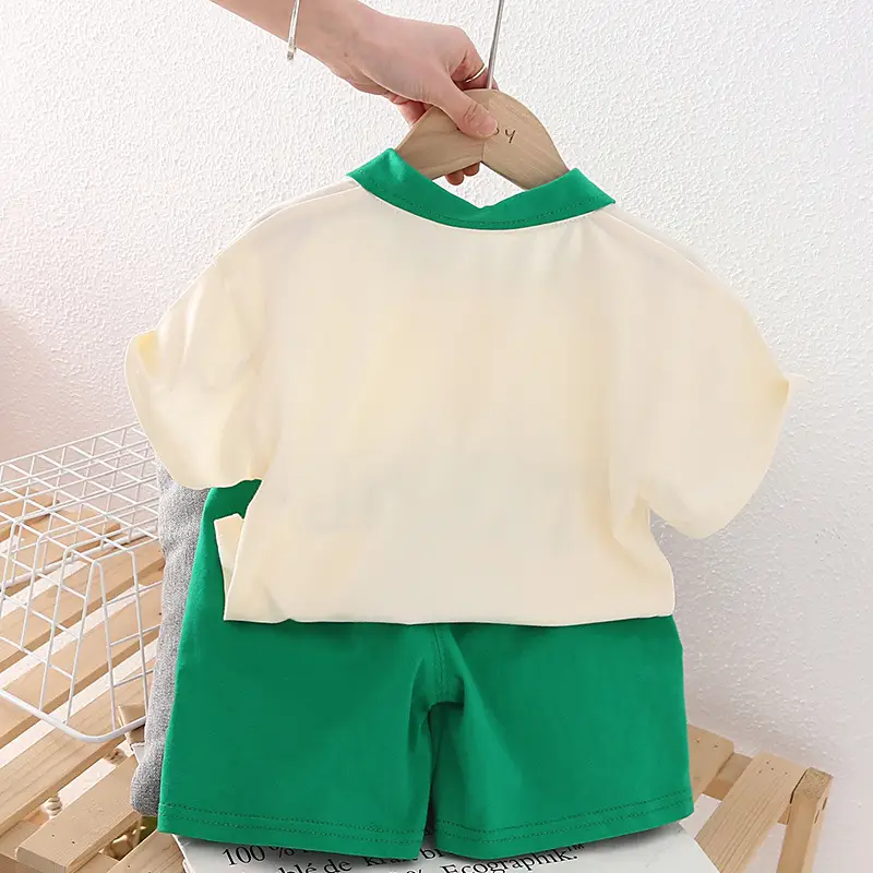 Summer Boys Lapel T-Shirt & Shorts Set Cream Green 2026 - Image 2
