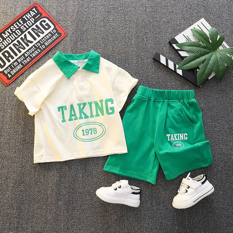 Summer Boys Lapel T-Shirt & Shorts Set Cream Green 2026 - Image 3
