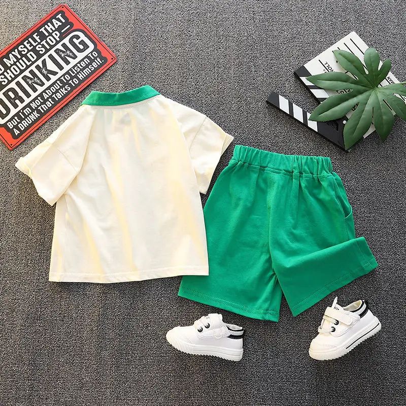 Summer Boys Lapel T-Shirt & Shorts Set Cream Green 2026 - Image 4