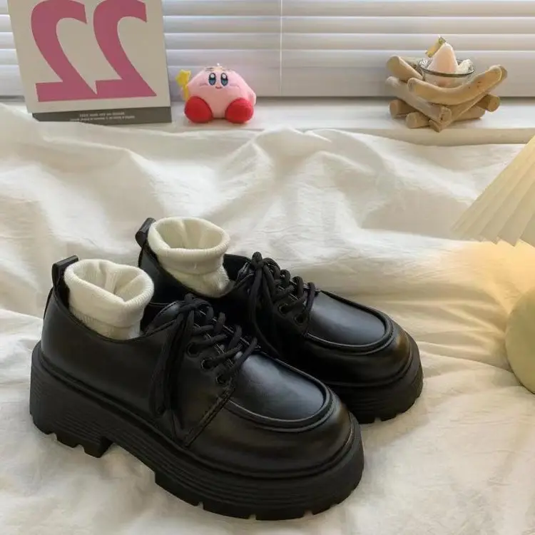 Soft Leather Thick-Soled Loafers for Women 2024 New Platform Lace-Up Jk Preppy British Style Small Leather Shoes for Women — feature 2