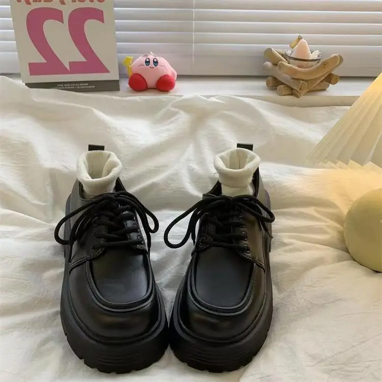 Soft Leather Thick-Soled Loafers for Women 2024 New Platform Lace-Up Jk Preppy British Style Small Leather Shoes for Women — feature 7