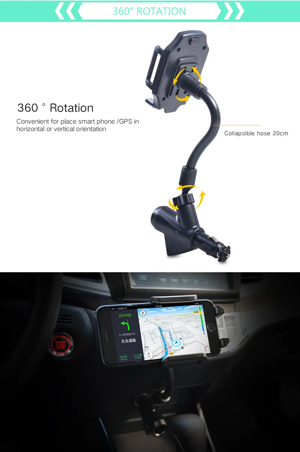 Dual USB Car Phone Holder 360 Rotating Universal Charging — feature 22