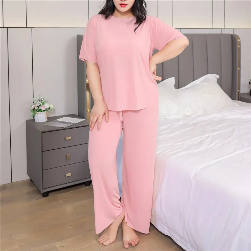 Summer large size short sleeve pants suit women's 200kg fat mm loose home clothing plus fat increase Ice Silk casual pajamas