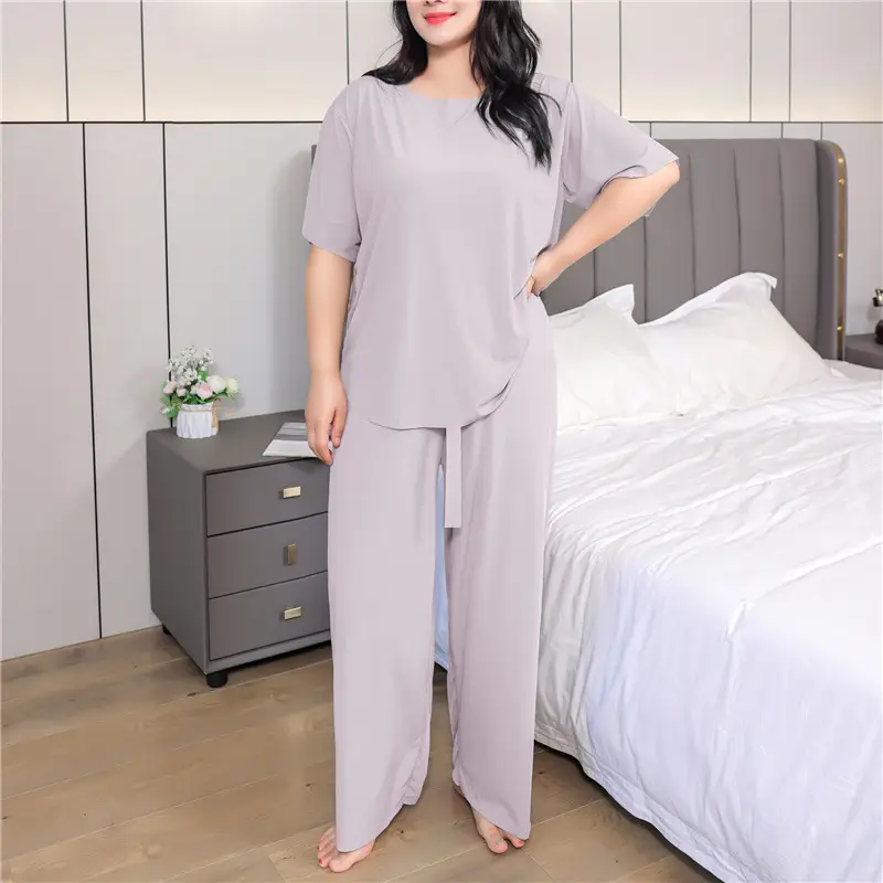Summer large size short sleeve pants suit women's 200kg fat mm loose home clothing plus fat increase Ice Silk casual pajamas