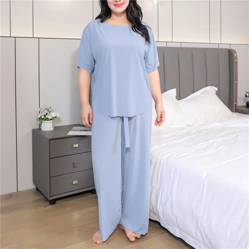 Summer large size short sleeve pants suit women's 200kg fat mm loose home clothing plus fat increase Ice Silk casual pajamas