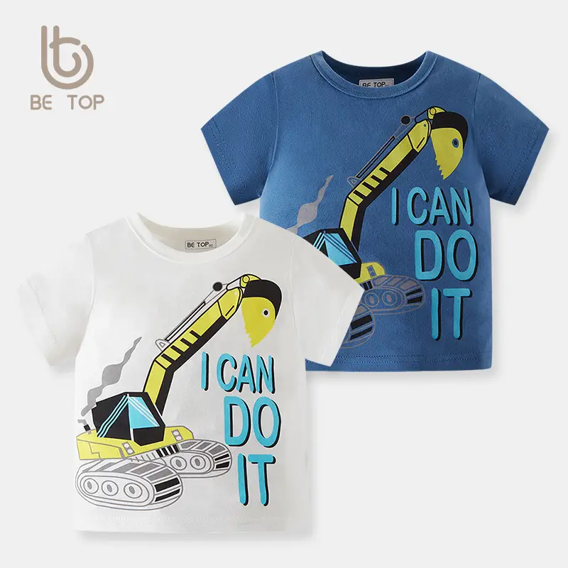 Blue Cotton T-Shirt for Boys with Excavator Graphic - Image 3