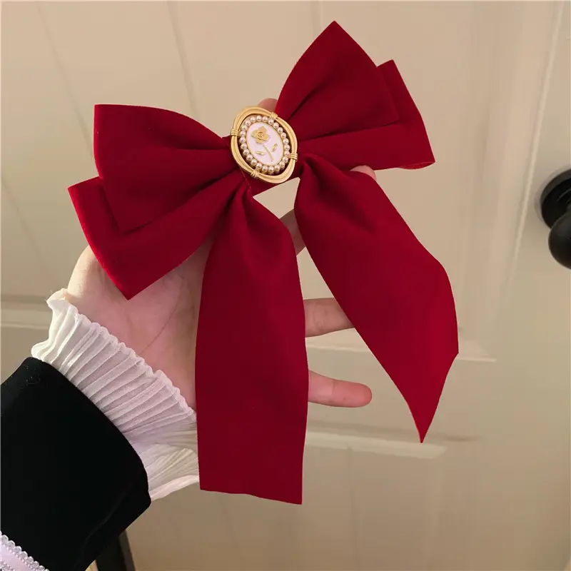 Rich Velvet Rose Bow Hairpin with Gold Embroidery - Image 2
