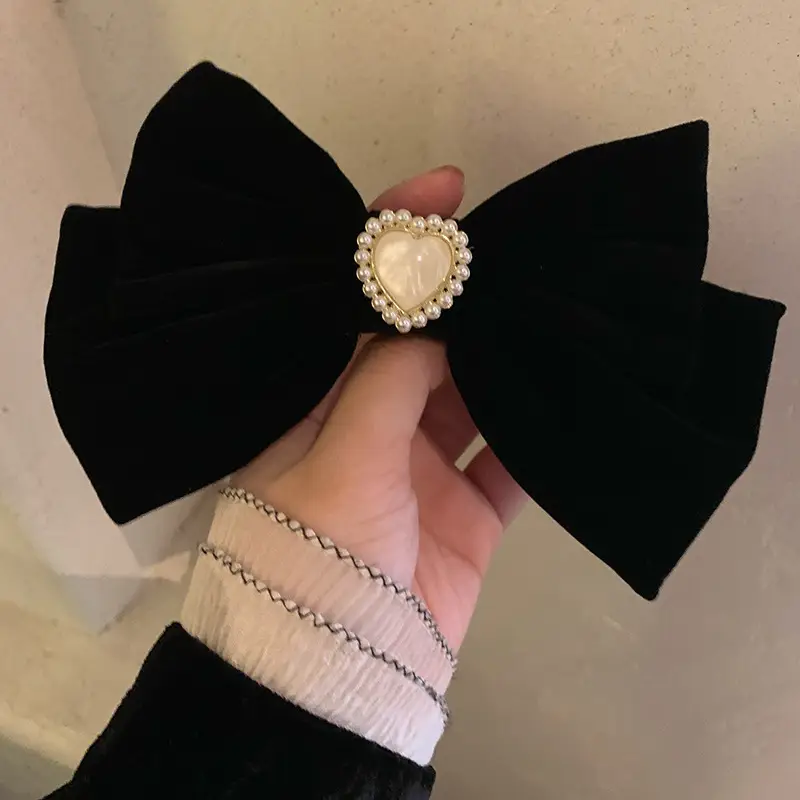Rich Velvet Rose Bow Hairpin with Gold Embroidery - Image 5