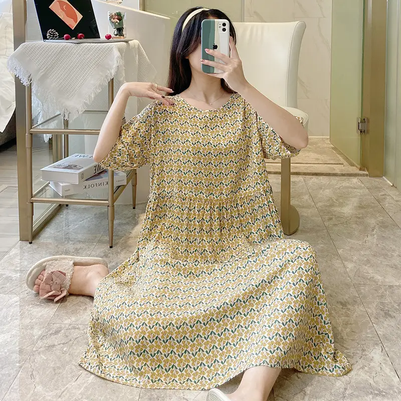 Pink Floral Cotton Silk Nightgown with Collapsible Belt