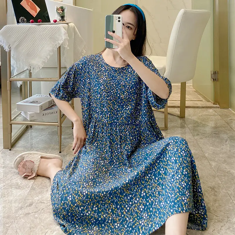 Pink Floral Cotton Silk Nightgown with Collapsible Belt