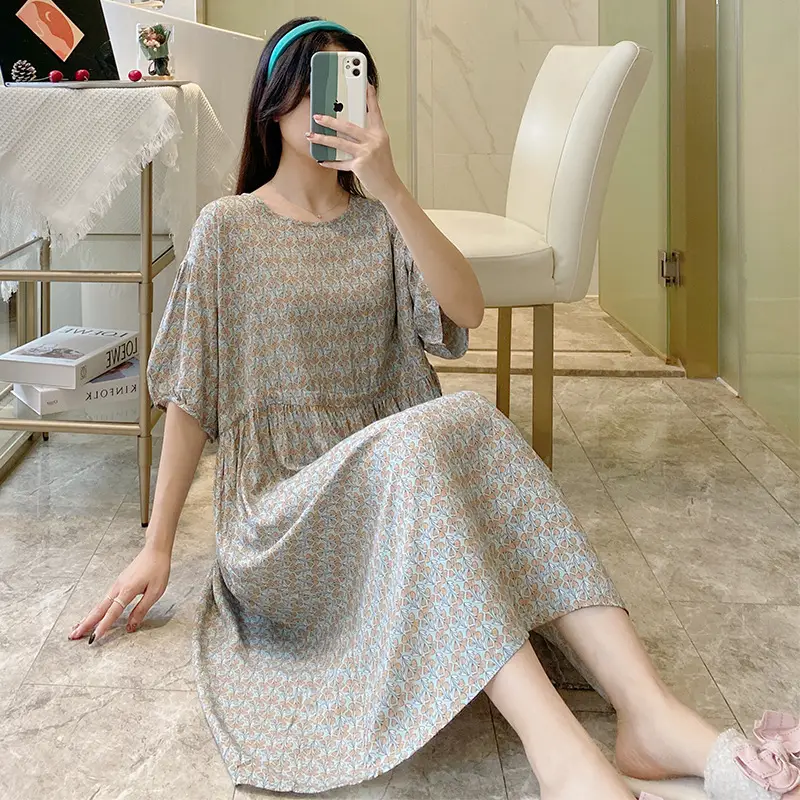 Pink Floral Cotton Silk Nightgown with Collapsible Belt