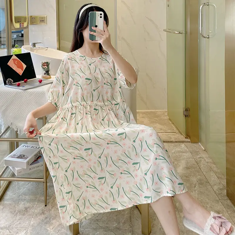 Pink Floral Cotton Silk Nightgown with Collapsible Belt