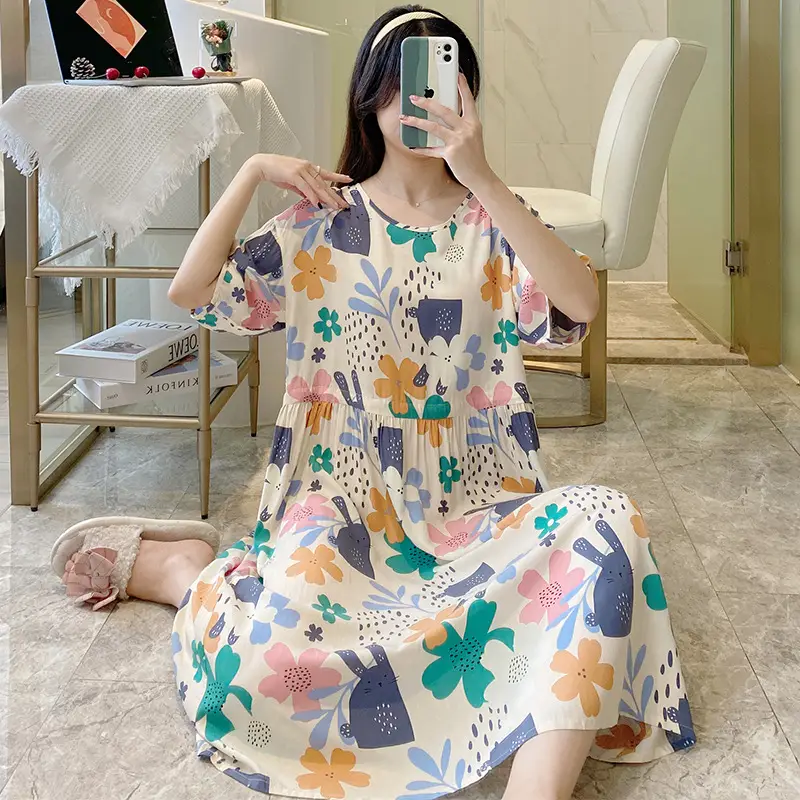 Pink Floral Cotton Silk Nightgown with Collapsible Belt
