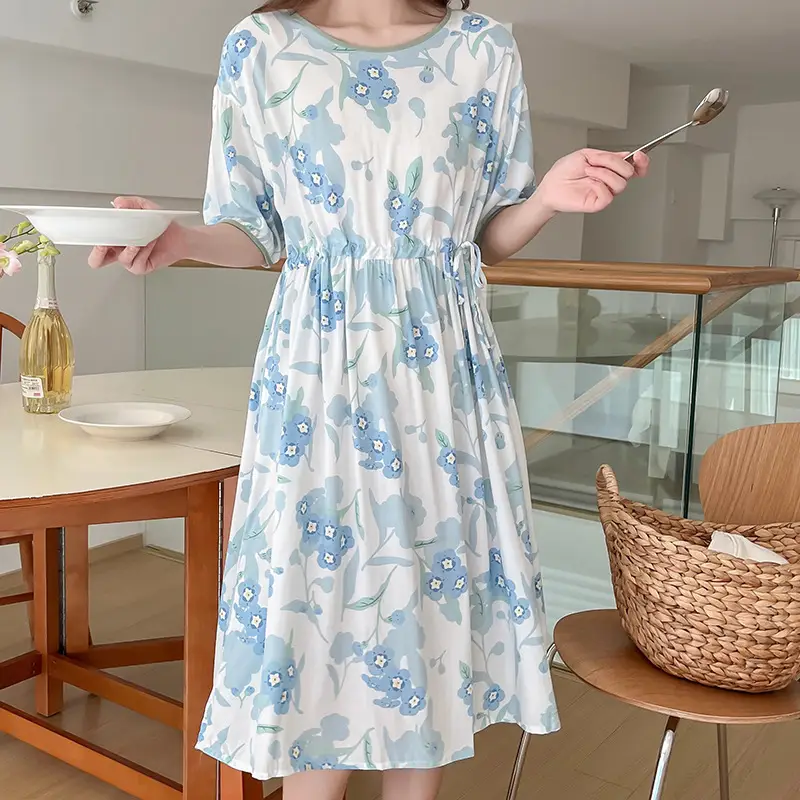 Pink Floral Cotton Silk Nightgown with Collapsible Belt
