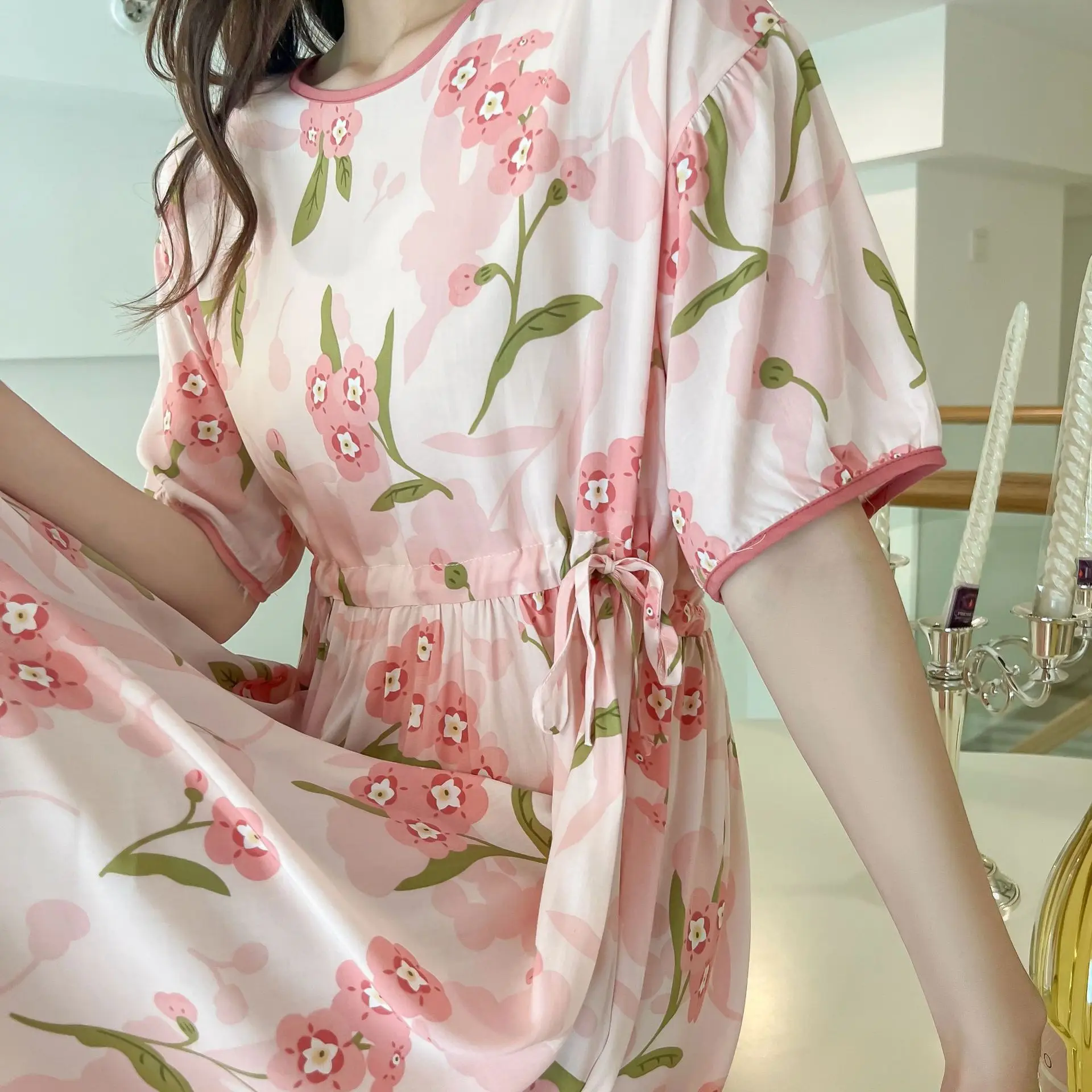 Pink Floral Cotton Silk Nightgown with Collapsible Belt