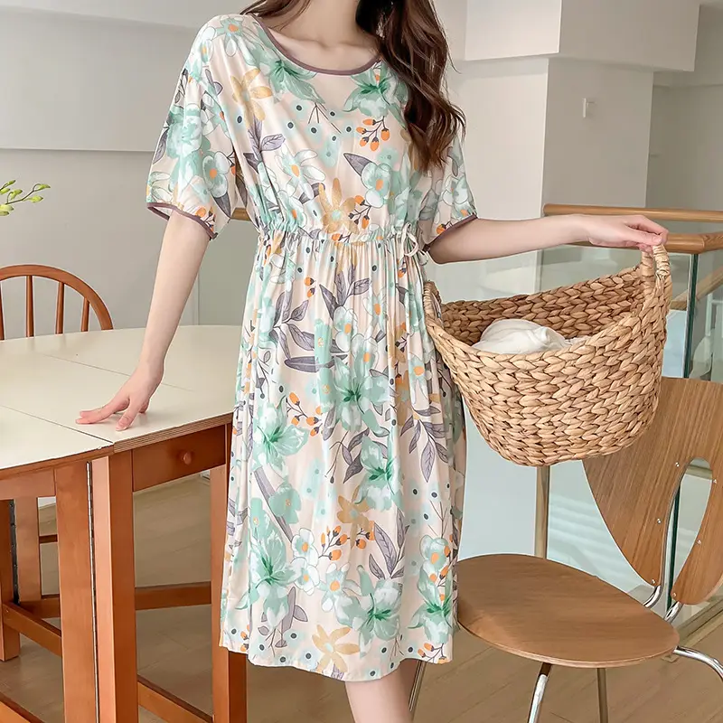 Pink Floral Cotton Silk Nightgown with Collapsible Belt