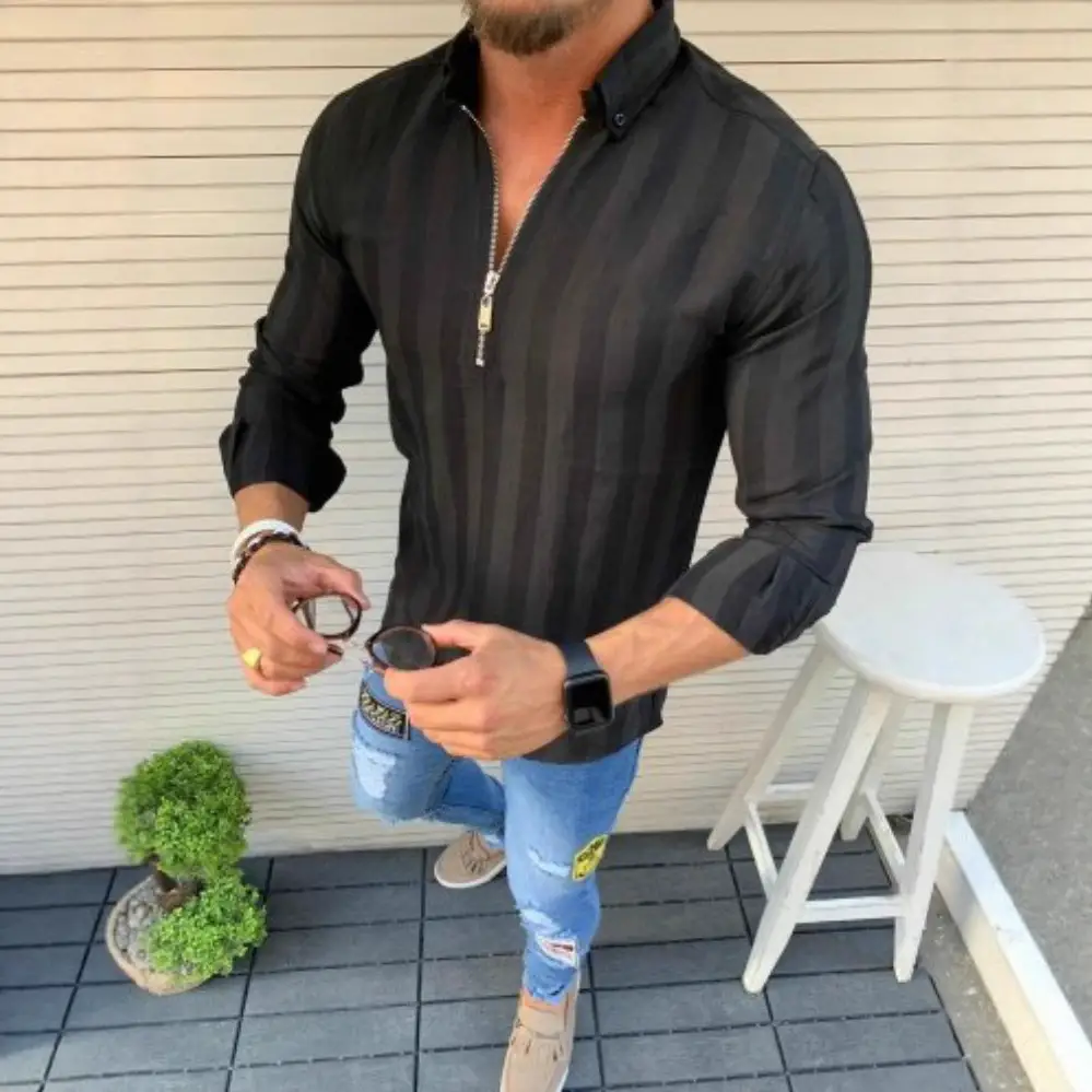 Men's Black Striped Long Sleeve Shirt with Zipper - Image 6