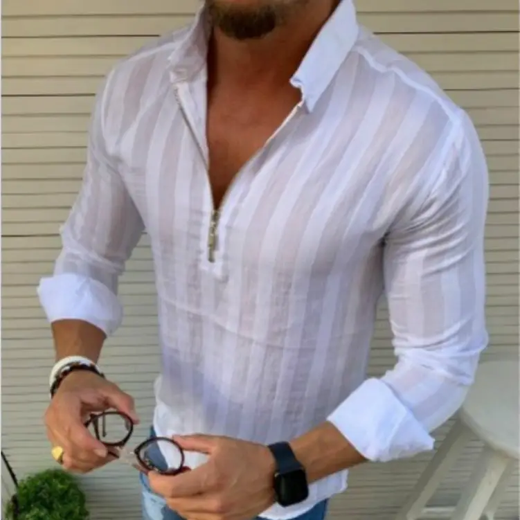 Men's Black Striped Long Sleeve Shirt with Zipper - Image 8