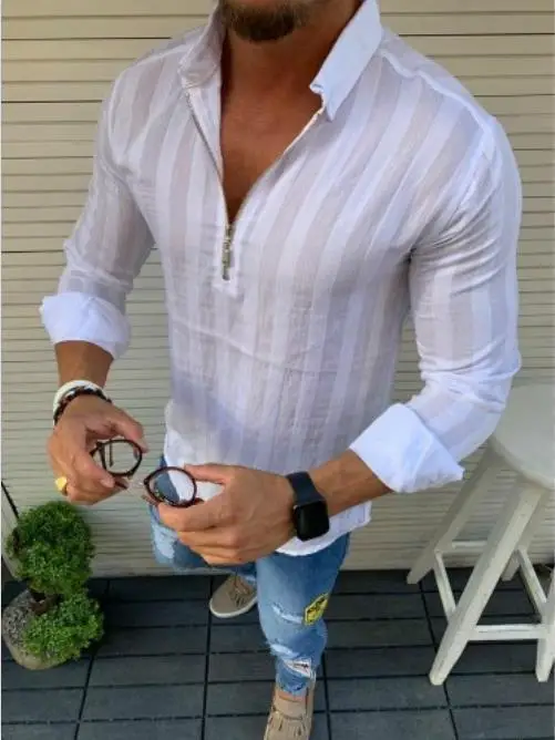 Men's Black Striped Long Sleeve Shirt with Zipper — feature 5