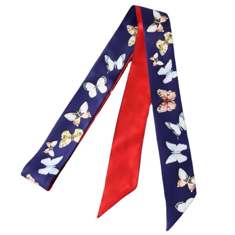 Women Butterfly Print Silk Scarf Double Layer Gold