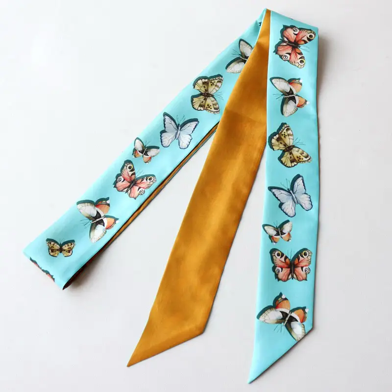 Women Butterfly Print Silk Scarf Double Layer Gold
