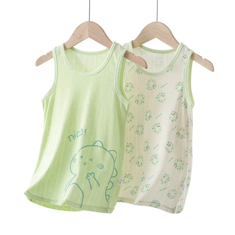 Girls Sleeveless T-Shirt Jacket Summer 2024 Green Cartoon Bottoming - Image 16