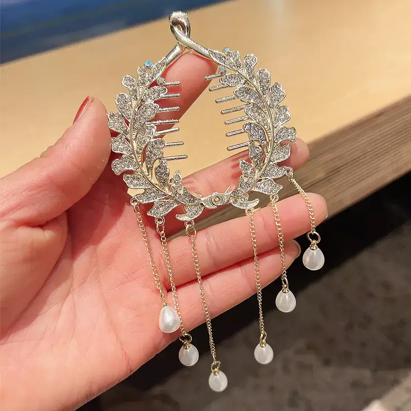 Pearl Rhinestone Wheat Fringe Hairpin Women's Back of Head Ball Head Disc Hair Artifact Temperament Ponytail Buckle Clip Headdress - Image 4