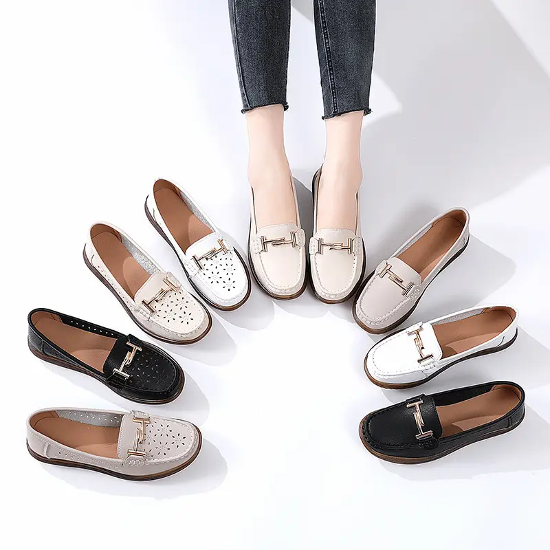Genuine Leather hollow-out loafers for women 2022 summer new breathable flat hole shoes for pregnant women plus size soft bottom mother shoes