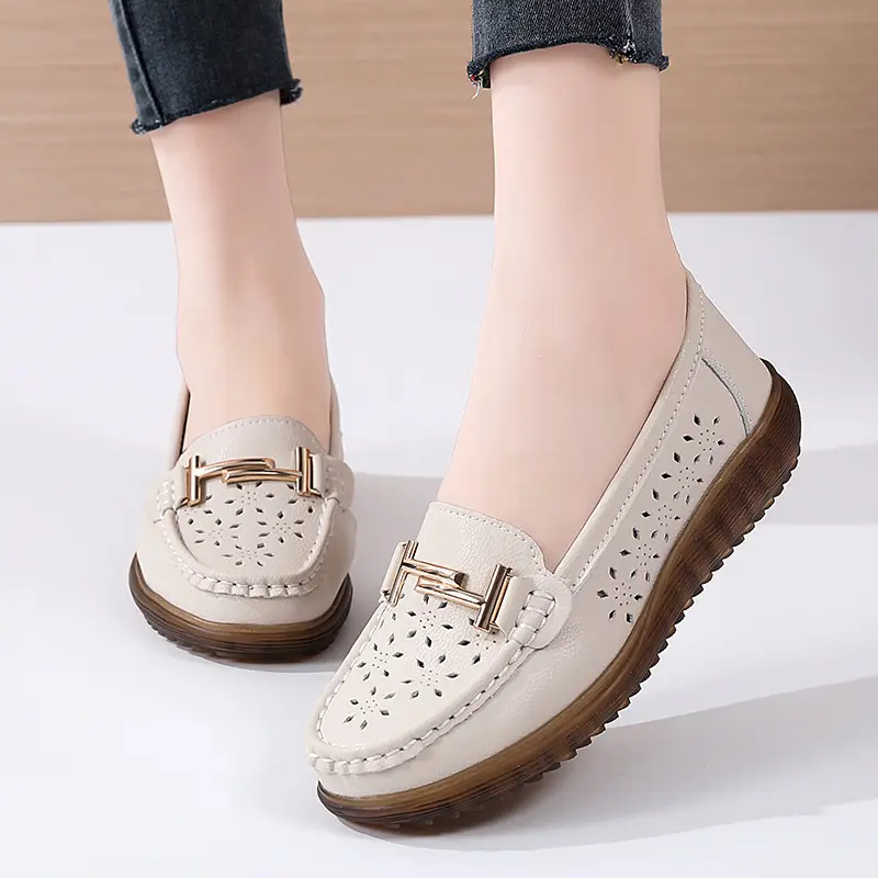 Genuine Leather hollow-out loafers for women 2022 summer new breathable flat hole shoes for pregnant women plus size soft bottom mother shoes