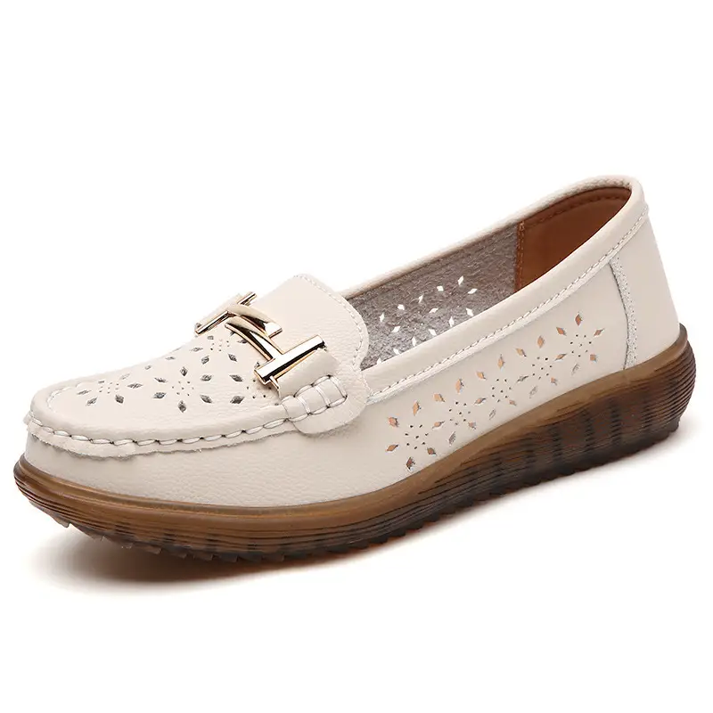 Genuine Leather hollow-out loafers for women 2022 summer new breathable flat hole shoes for pregnant women plus size soft bottom mother shoes