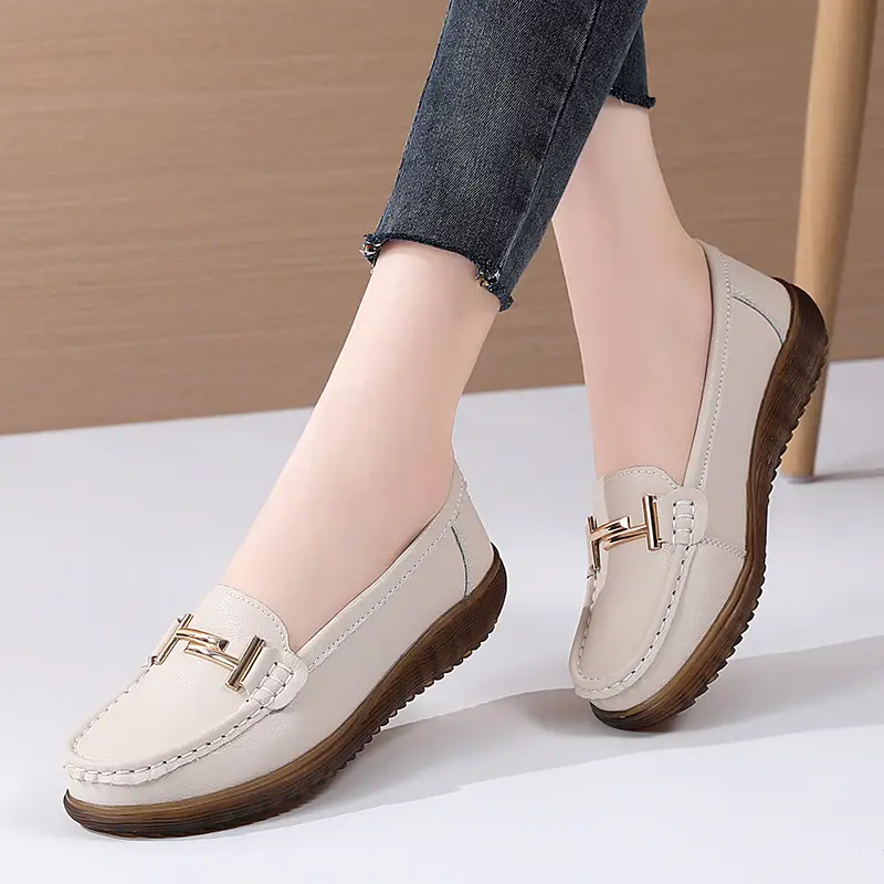 Genuine Leather hollow-out loafers for women 2022 summer new breathable flat hole shoes for pregnant women plus size soft bottom mother shoes