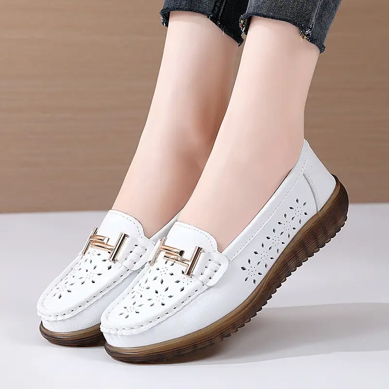 Genuine Leather hollow-out loafers for women 2022 summer new breathable flat hole shoes for pregnant women plus size soft bottom mother shoes