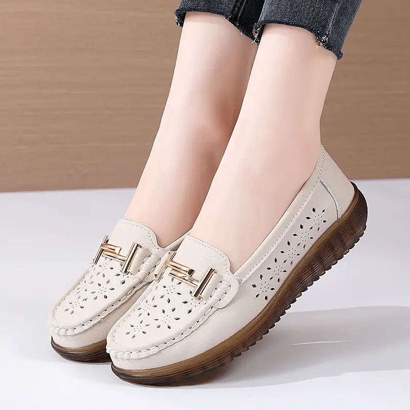 Genuine Leather hollow-out loafers for women 2022 summer new breathable flat hole shoes for pregnant women plus size soft bottom mother shoes