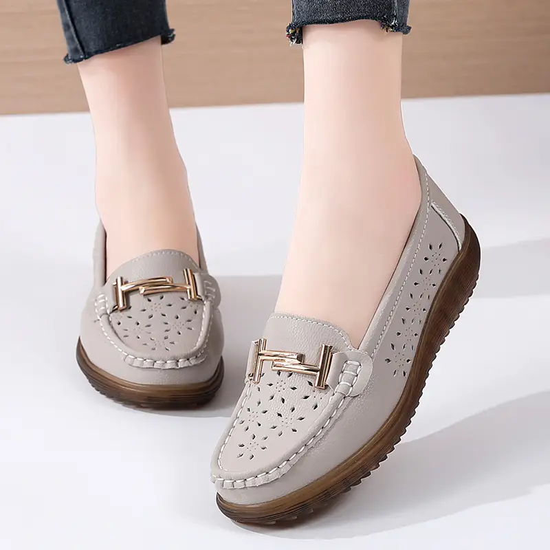 Genuine Leather hollow-out loafers for women 2022 summer new breathable flat hole shoes for pregnant women plus size soft bottom mother shoes