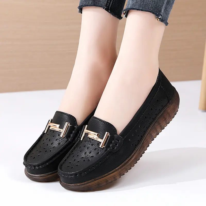 Genuine Leather hollow-out loafers for women 2022 summer new breathable flat hole shoes for pregnant women plus size soft bottom mother shoes
