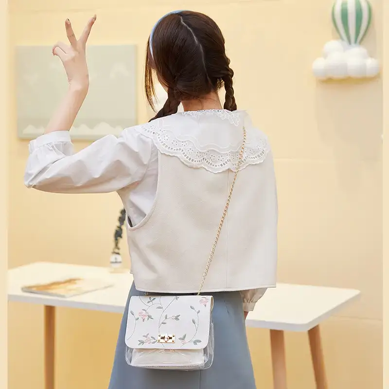 White Antique Embroidered Shoulder Bag with Chain - Image 6