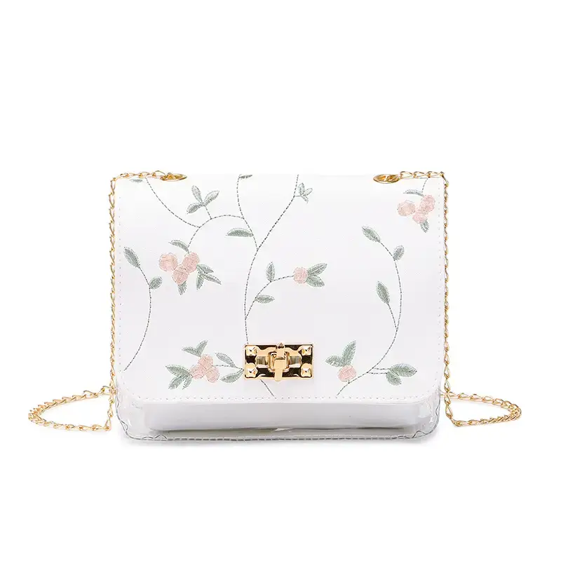White Antique Embroidered Shoulder Bag with Chain - Image 8